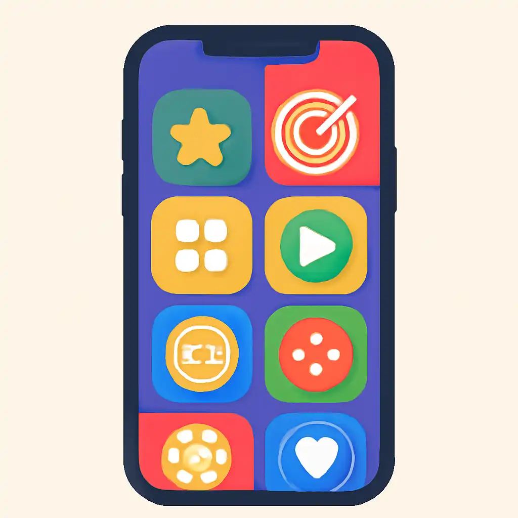 Smartphone shown from the front displaying a colourful flat layout of abstract game icons and rounded tiles (no text, no letters, no labels), TC Lottery