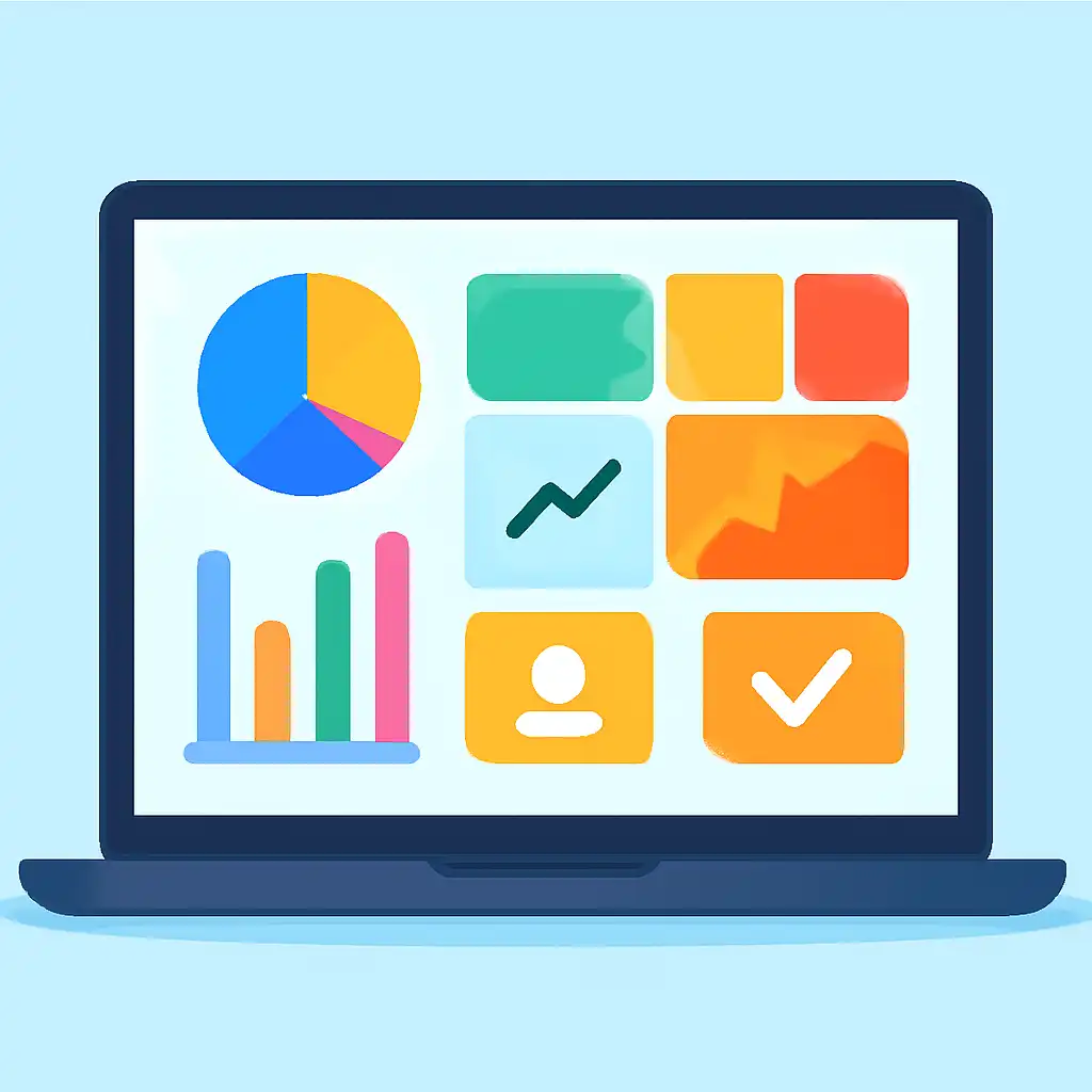 Laptop shown from the front displaying a colourful flat dashboard of abstract charts, bars and icon tiles (no text, no letters, no labels), TC Lottery