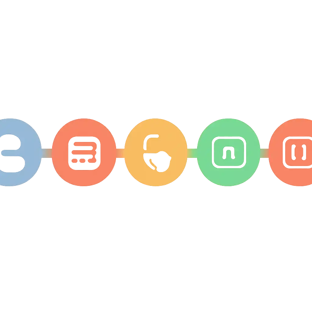 Five numbered circular icons connected by arrows in a horizontal flow, flat illustration, icons only, no words, TC Lottery steps